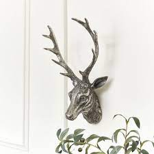Antique Silver Metal Stag Head Wall Art