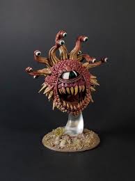 It is depicted as a floating orb of flesh with a large mouth, single central eye, and many smaller eyestalks on top with powerful magical abilities. Hand Pro Painted Beholder Dnd Miniature Fantasy Rpg Etsy