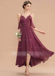 A Line V Neck Asymmetrical Chiffon Bridesmaid Dress 007165867