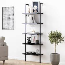 Black Wood 5 Shelf Ladder Bookcase