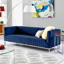 Inspired Home Daniel 32 7 In Glam Navy Chrome Velvet 3 Seater Sofa In Blue Sa65 02nc Ls