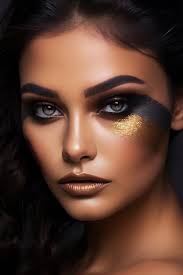 a beautiful woman with a golden makeup