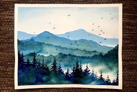 Watercolor Painting Misty Mountains