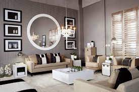 round mirror in a large living room