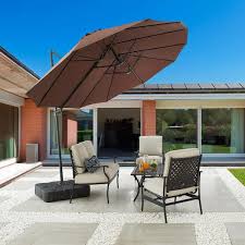 Patio Festival 14 5 Ft X 8 5 Ft Twin Head Tilt Market Umbrella With Base In Brown Color