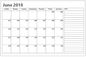 Blank June Calendar Template 2018 Notes Free Online