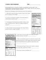 nutrition label worksheet name