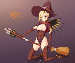 ppshex, mercy (overwatch), witch mercy, overwatch, overwatch 1, 1girl,  blonde hair, blue eyes, breasts, breasts out, broom, brown thighhighs,  crotch rub, earrings, female masturbation, happy halloween, hat,  jack