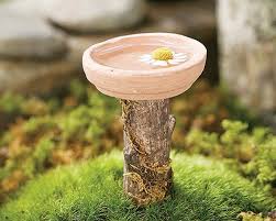 Miniature Terracotta Birdbath W Wood