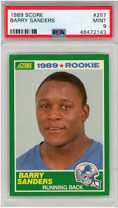 Ideal sanders card for kids looking to get into the hobby as it will only cost around $20 at highest grades… of course the price could be up $10 or $20 in a year but still. Fanatics Authentic Barry Sanders Detroit Lions 1989 Score Rc 257 Psa 9 Card Score Fanatics Authentic Certified Walmart Com Walmart Com