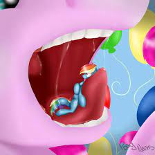 957124 - suggestive, artist:ponynoms, pinkie pie, rainbow dash, pony,  drool, female, fetish, giant pony, giantess, imminent vore, macro, micro,  mouth, mouthplay, pinkie pred, preydash, teeth, tiny, tongue play, vore -  Derpibooru