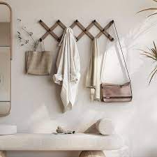 Wood Accordion Wall Hanger Expandable Coat Rack Wall Mount With 14 Pegs Expanding Hat Rack For Wall X Shape Brown