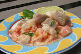 ahi tuna and baby shrimp ceviche w papaya salad and coconut