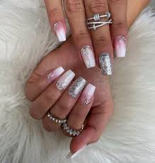 white ombre and silver glitter nails