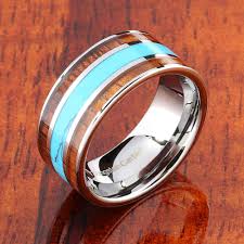 koa wood turquoise wedding ring flat