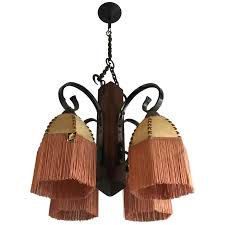 Rare Wrought Iron And Wood Pendant Light Fixture With Leather Shades And Fringes For Sale At 1stdibs