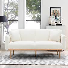 63 77 In Wide White Teddy Fabric Upholstered 2 Seater Convertible Sofa Bed With Golden Metal Legs