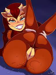 dalley-the-alpha, connie (big mouth), hormone monstress, big mouth  (series), fur, 1girl, blue eyes, eyebrows, fangs, horns, monster, monster  girl, navel, nude, presenting, pussy, pussy juice, sharp teeth, smile,  solo, teeth - Image