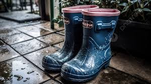 the pair of blue rain boots in the rain