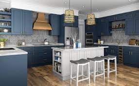 In this gorgeous room with blue painted kitchen cabinets, proportion and scale are evident everywhere: Navy Blue Shaker Frameless Kitchen Cabinets Rta Cabinet Store