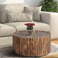 34 Inch Handmade Wooden Round Coffee Table With Plank Design Burned Brown
