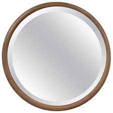 pickled oak round beveled wall mirror