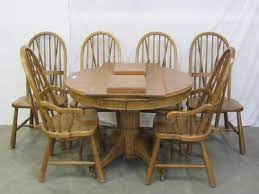 Refectory oak dining table with two carvers & four dining studded chairs. Solid Oak Dining Table W 6 Chairs United Country Musick Sons