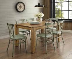 The back of the chairs slides in flush with the. Farmhouse Dining Table Set Rustic Wood Country Kitchen Metal Green Chair 7 Piece Ebay