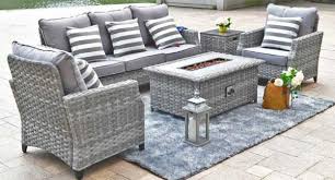 wicker patio furniture with fire pit table