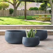 Sapcrete 11 15 19 D Concrete Round Modern Flower Pots Lightweight Outdoor Planters With Drainage Hole For Home Charcoal Grey