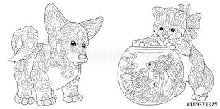 Free empty fish bowl coloring page to download or print, including many other related fish bowl coloring page you may like. Coloring Page Adult Coloring Book Cardigan Welsh Corgi Dog Cat Playing With Goldfish In Aquarium Fish Bowl Antistress Freehand Sketch Collection With Doodle And Zentangle Elements Buy This Stock Vector And