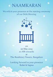 The once in a lifetime event of naming your child is a very special celebration. Boy Namkaran Invitation Cards Blue Naming Ceremony Invitation Card Free Animated Invite Card Free Personalised Greetings