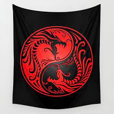 yin yang dragons red and black wall