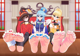X 上的 DarkCrowStudios (COMMS/YCH CLOSED)：「Comission: Triple Tease 💙🧡❤️  hehe X3 i really love doing this comission cause i love all the Konosuba  girls so it was great when my pal comission me