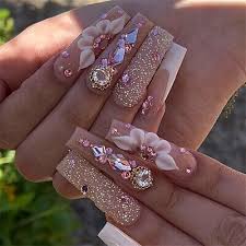 glitter diamond flowers false nail long