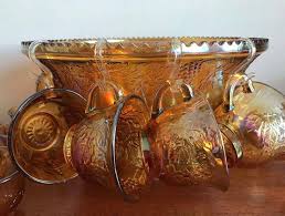 Vintage 14pcs Carnival Glass Punch Bowl