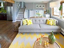 gray and yellow living room design