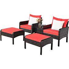 Costway 5 Piece Patio Rattan Furniture Set Sofa Ottoman Table Cushioned Yard Red