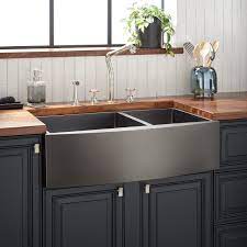 Check spelling or type a new query. 36 Atlas 60 40 Offset Double Bowl Stainless Steel Farmhouse Sink Curved Apron Gunmetal Black