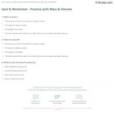 This two page worksheet contains the following: Quiz Worksheet Practice With Mass Volume Study Com