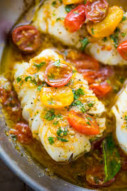 pan seared cod in white wine tomato