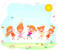Funny Cartoon Children Play On Nature Little Girls Are Jumping