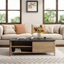 Magic Home 47 In Farmhouse Vintage Wood And Marble Texture Coffee Table With Drawers For Office Living Room In Light Brown
