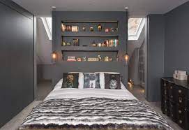 primary bedrooms with built in shelves
