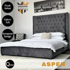 aspen queen bed frame studded fabric