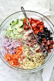 · to a large bowl add spaghetti, tomatoes, cucumbers, onion, and pepperoni. The Best Italian Pasta Salad With Pepperoni Foodiecrush Com