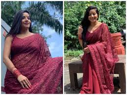 She loves saree at public function she appears in different kind of saree. Photos Monalisa Looks Perfect In A Maroon Saree Bhojpuri Movie News Times Of India