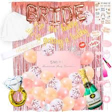 This party décor is certainly perfect for your upcoming bachelorette party! Smirly Bachelorette Party Decorations Kit Rose Gold Bridal Shower Party Decor And Supplies Includes Bride Sash Gold Glitter Banner Foil Balloons Flash Tattoos Tinsel Curtain And More 50 Pack Amazon Co Uk