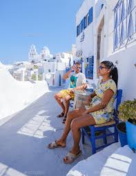 couple on vacation in santorini greece