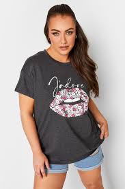 yours curve charcoal grey j adore lips foil print tshirt size 16 women s plus size and curve fashion